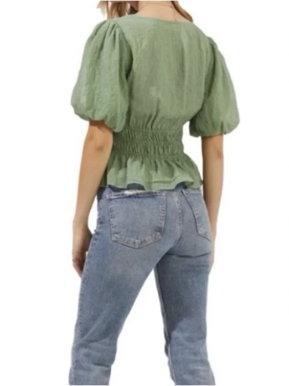 Astr Sage Green Smocked V-Neck Peplum Blouse